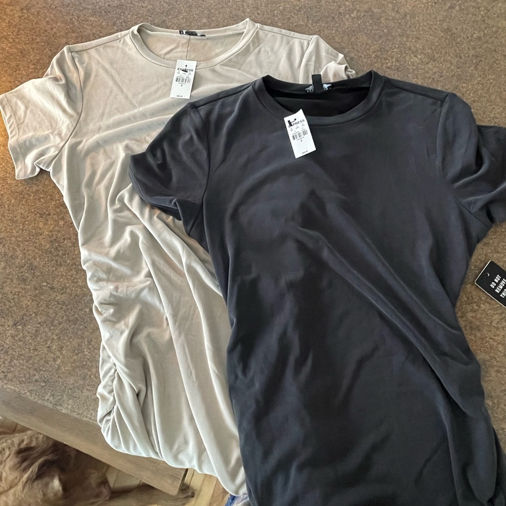 EXPRESS RICHED T-SHIRT DRESS, SMALL IN CHARCOAL GRAY, MEDIUM IN TAN